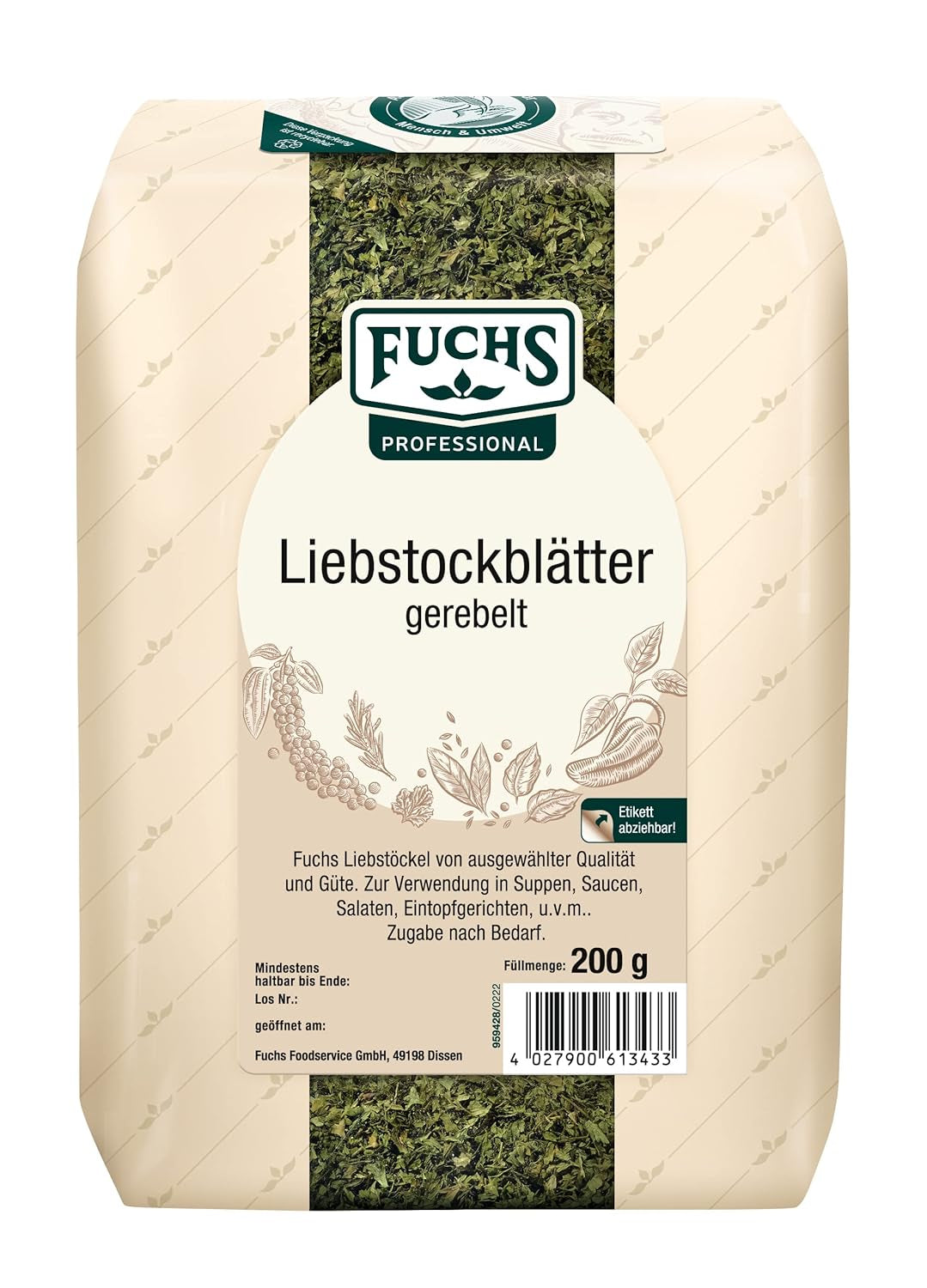 - Liebstockblätter gerebelt | Für salzarme Küche geeignet, passt zu Eintöpfen oder Salaten | Profi-Qualität für Großverbraucher | 0,25 kg im recycelbaren Beutel