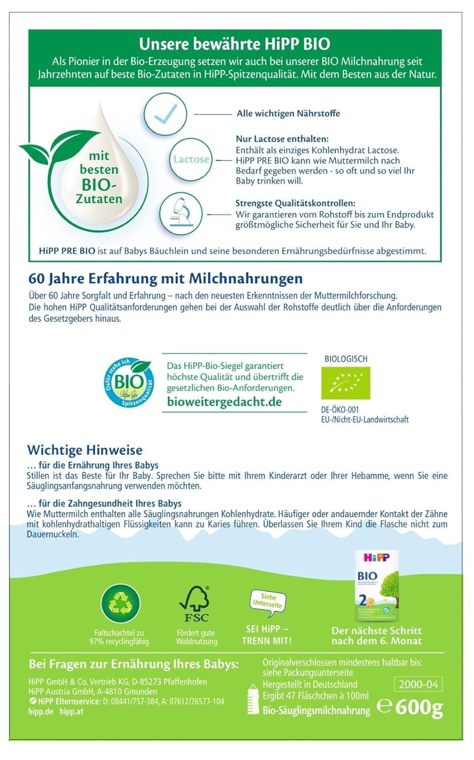 HiPP PRE Bio-Säuglingsmilch (4 x 600g), ab der Geburt, enthält als Kohlenhydrat ausschließlich Laktose, in bester Bio-Qualität