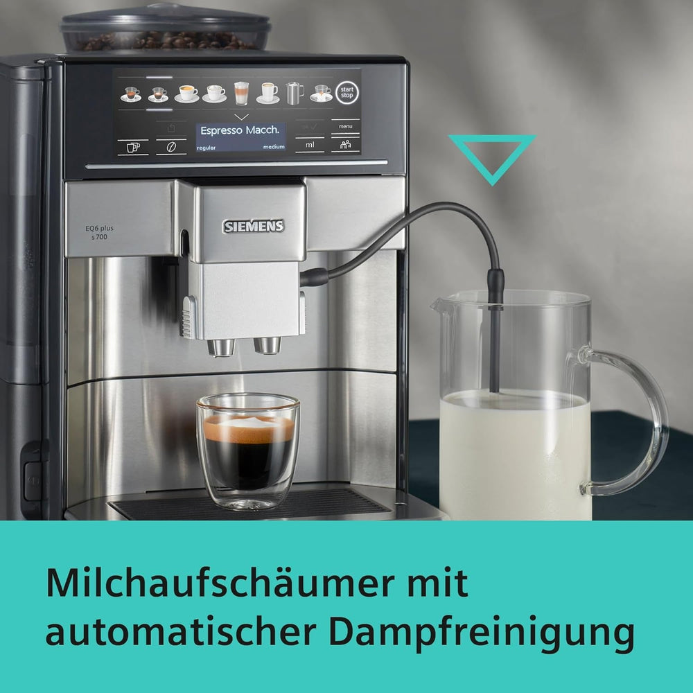Espressor automat Siemens EQ.6 plus s700 TE657503DE, pentru multe specialități de cafea, spumator de lapte, râșniță ceramică, funcție dublă de cafea, anticalcar, curățare automată cu abur, 1500 W, oțel inoxidabil