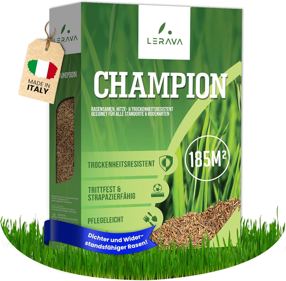 LERAVA CHAMPION Rasensamen (30 M²) - Trockenresistent & Trittfest - Schnellkeimender Grassamen Für Dichten Rasen - Strapazierfähige Nachsaat Herbst - Ideal Für Spiel- & Sportrasen