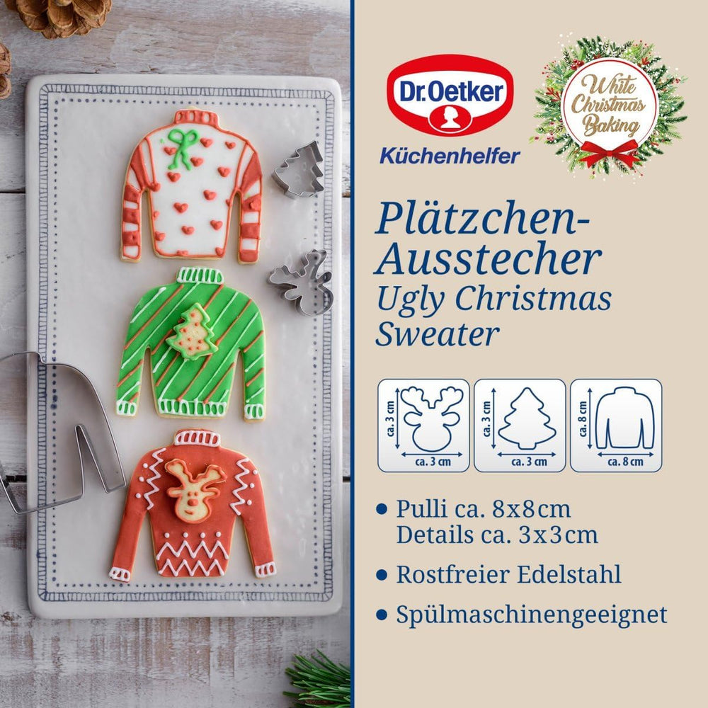 Set de 3 forme de biscuiți Dr. Oetker, model pulover urât de Crăciun – Forme de biscuiți, alb, Crăciun, copt – Forme de biscuiți din oțel inoxidabil pentru Crăciun