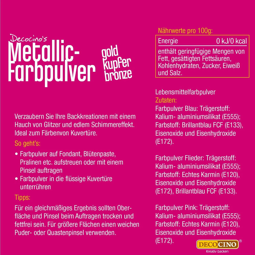 DECOCINO Pudră Pastel Metalic Colorantă (3X2G) – Albastru, Liliac și Roz – Pudră de Colorant Alimentar – Pudră cu Sclipici Potrivită pentru Fondant ca Decor pentru Torturi și Torturi!