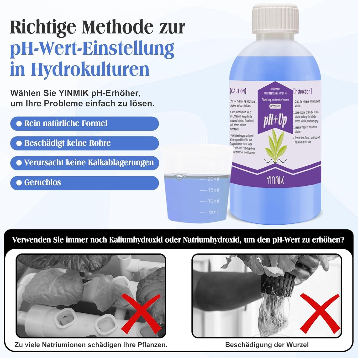 pH-Regulator für Hydrokultur, pH-Up- und pH-Down-Flüssigkeit, pH-Regulatorflüssigkeit zur Senkung oder Erhöhung des pH-Wertes, Premium-Puffer 250 ml, geeignet für alle Hydrokultursysteme (Erde und Wasser)