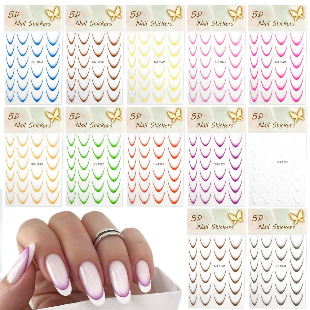 12 Stück French Tip Nagelsticker Selbstklebend Bunte French Nails Schablone Nagelaufkleber Nail Art Stickers Nageldesign DIY Nägel Zubehör(12 Farben)