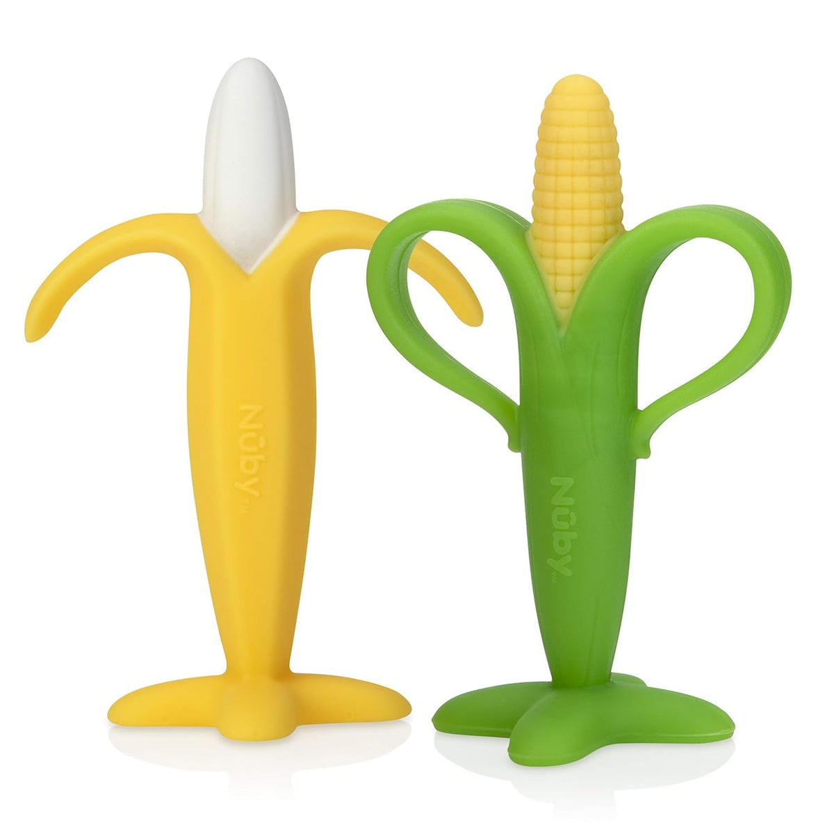 Inel de dentiție calmant Nuby din banane și porumb, pachet de 2, de la 3 luni