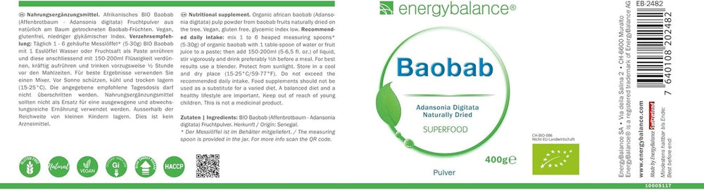 Baobab Bio-Pulver – Vitamin C, Kalzium, Magnesium, Kalium, 400 Gramm Aromen Naty Shop