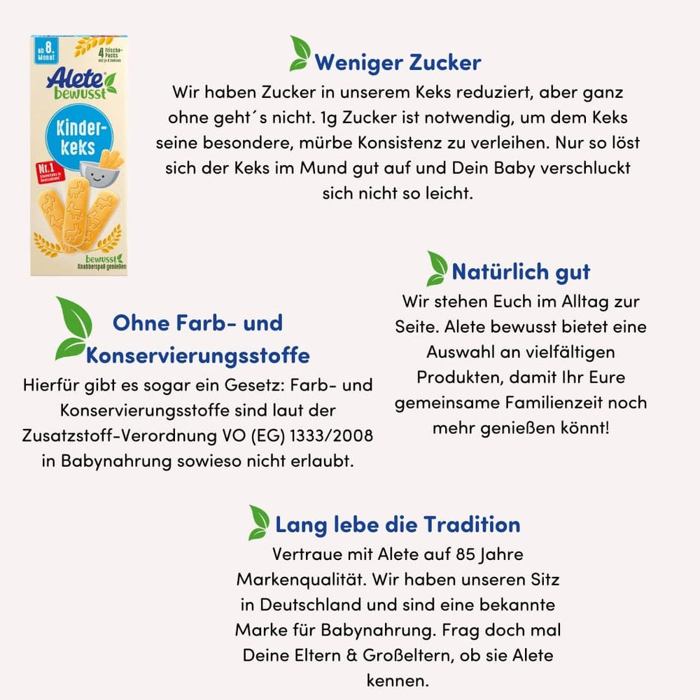 Alete Conscious Babykekse, ab 8 Monaten, Weizenbutterkekse für Babys, praktisch verpackte kleine Snackkekse, perfekt für unterwegs und in der Zeit, 1 x 180 g (2er-Pack)