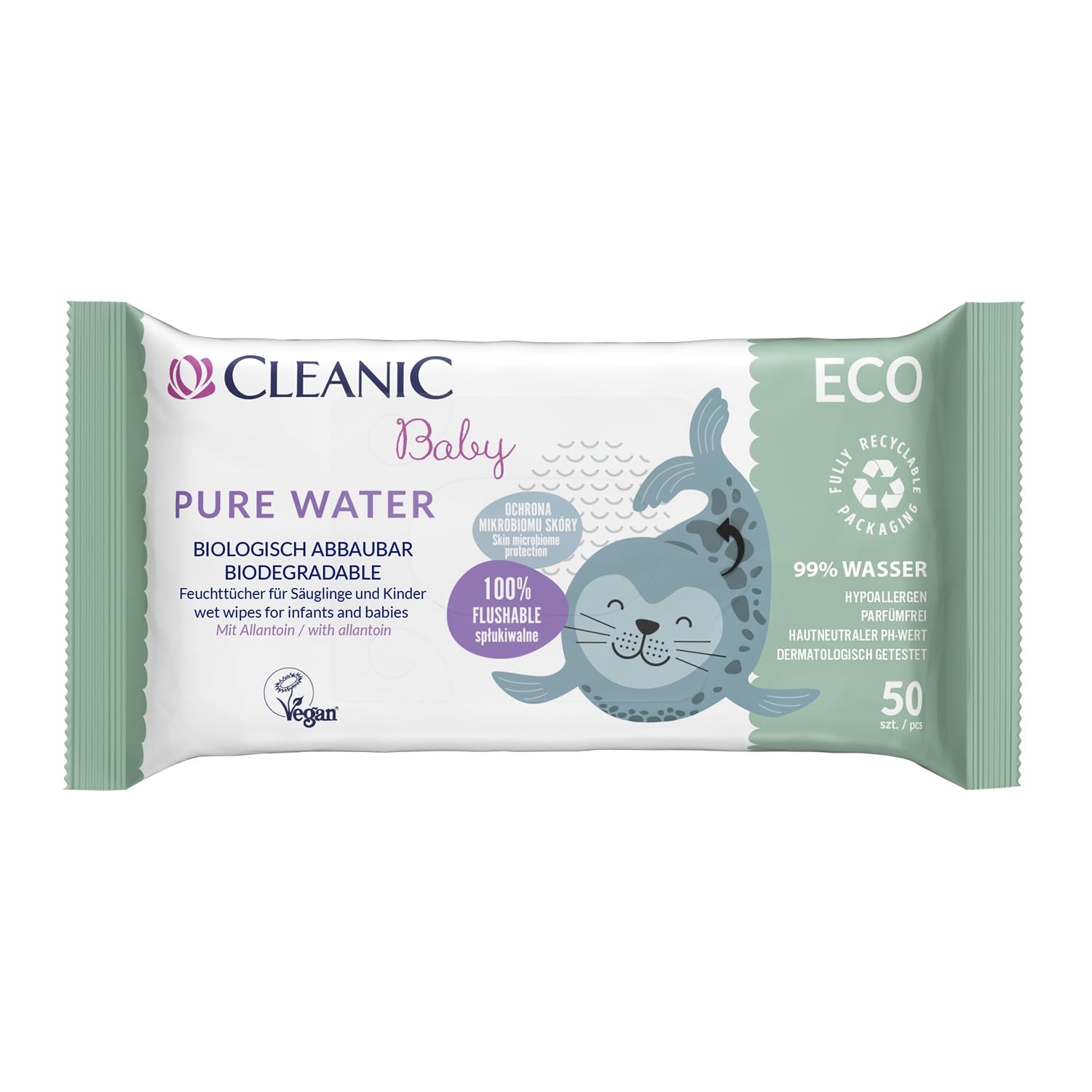 Cleanic Baby Eco Pure Water Feuchttücher – (1 x 50 Stk.) Feuchttücher für Kinder und Kleinkinder – parfümfrei, abspülbar, empfindliche Haut – 50 Stk.