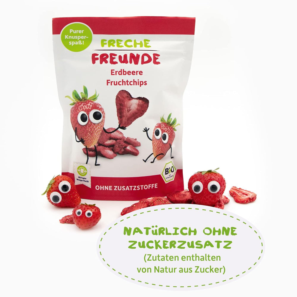 FRECHE FREUNDE Bio-Erdbeer-Fruchtchips, gefriergetrocknete Fruchtchips, natürliche geschnittene Trockenfrüchte ohne Zuckerzusatz, vegan, laktosefrei, glutenfrei, 12er-Pack (12 x 12 g)