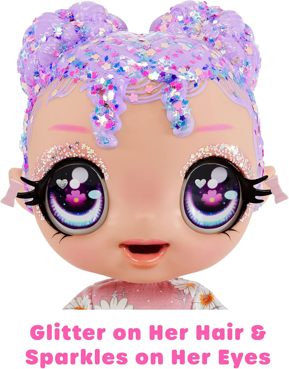 MGA Glitter Babyz – LILA WILDBLOOM – Babypuppe mit 3 magischen Farbwechseln durch eiskaltes Wasser – mit lila Glitzerhaaren, Wildblumen-Outfit, Windel, Flasche und Schnuller – für Kinder ab 3 Jahren