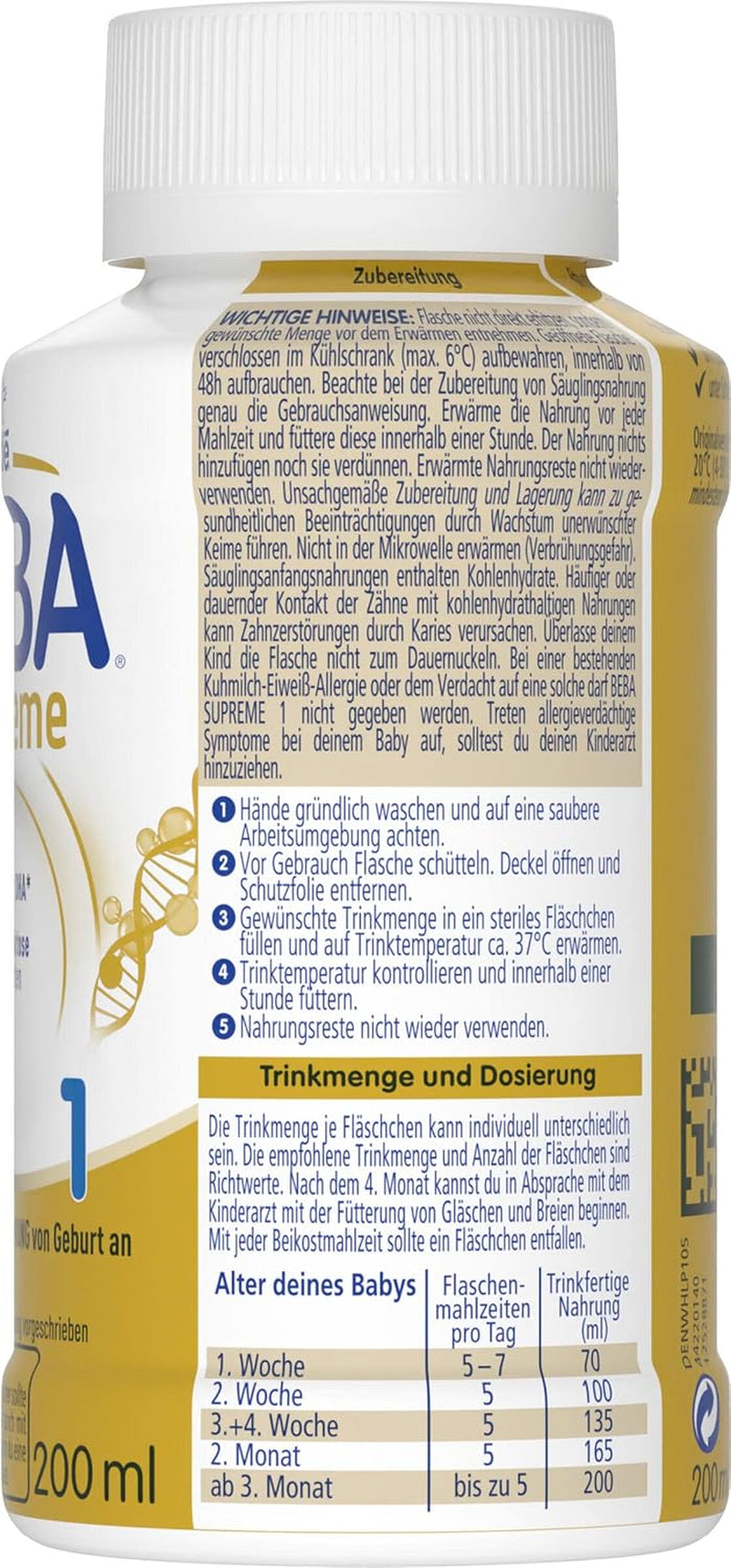 BEBA Nestlé BEBA SUPREME 1 Säuglingsnahrung: Trinkfertige Flaschen mit Omega 3, 1 Packung (1 x 200 ml)