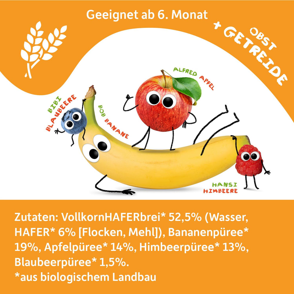 FRECHE FREUNDE Bio-Früchtebeutel Banane, Apfel, Himbeere, Heidelbeere mit Hafer, Fruchtpüree mit Müsli im Quetschbeutel für Babys ab 6 Monaten, vegan, 6er Pack (6 x 100 g)