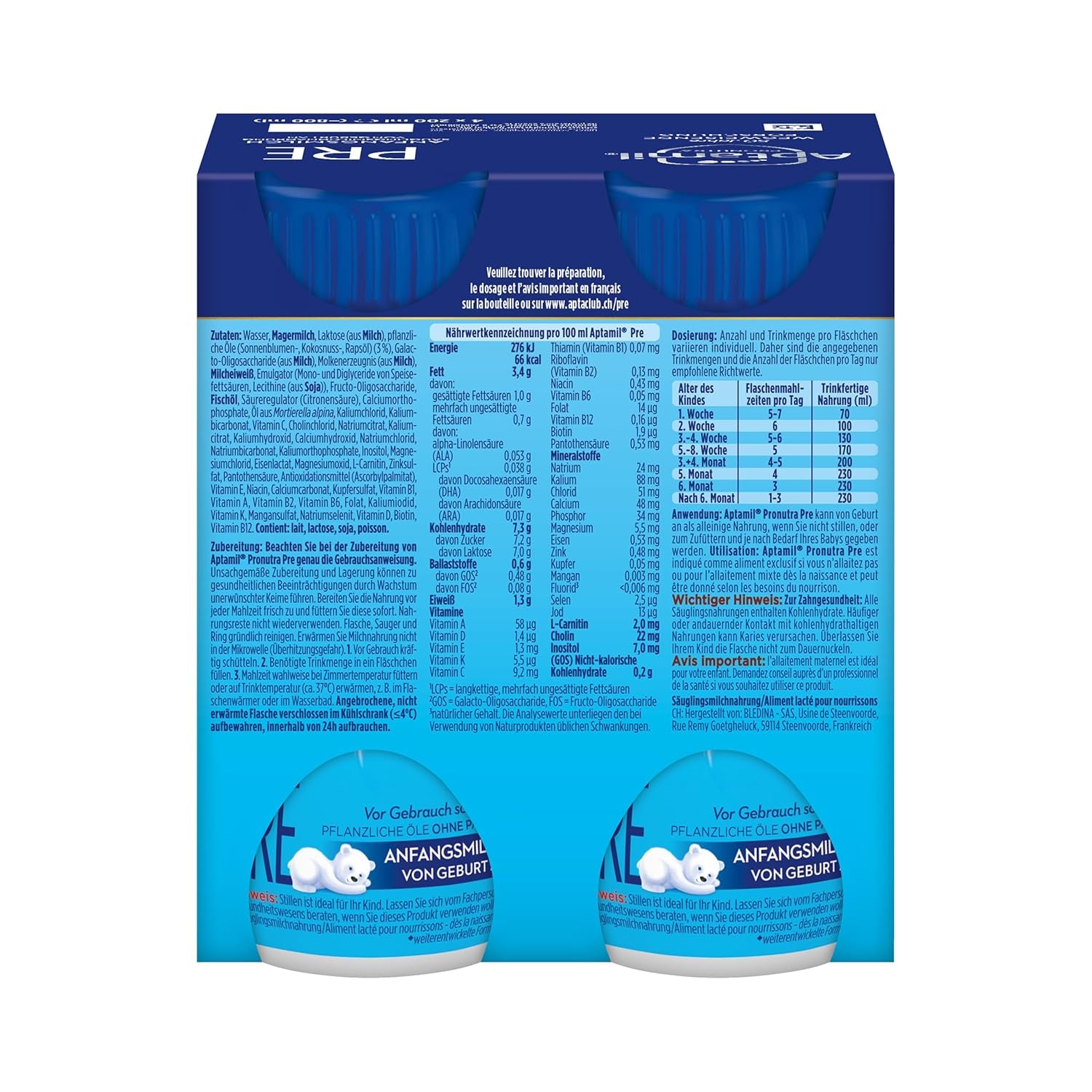 Aptamil Pronutra Pre – Säuglingsnahrung ab der Geburt – Mit pflanzlichen Ölen, ohne Palmöl – 6 x 4 x 200 ml (4800 ml)