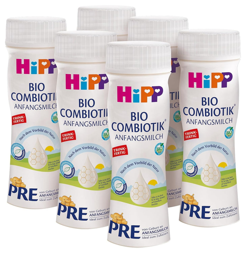 HiPP PRE Bio-Combiotic-Formel, trinkfertig (6 x 200 ml). Säuglingsmilch von Geburt an enthält nur Laktose als Kohlenhydrate, beste Bio-Qualität