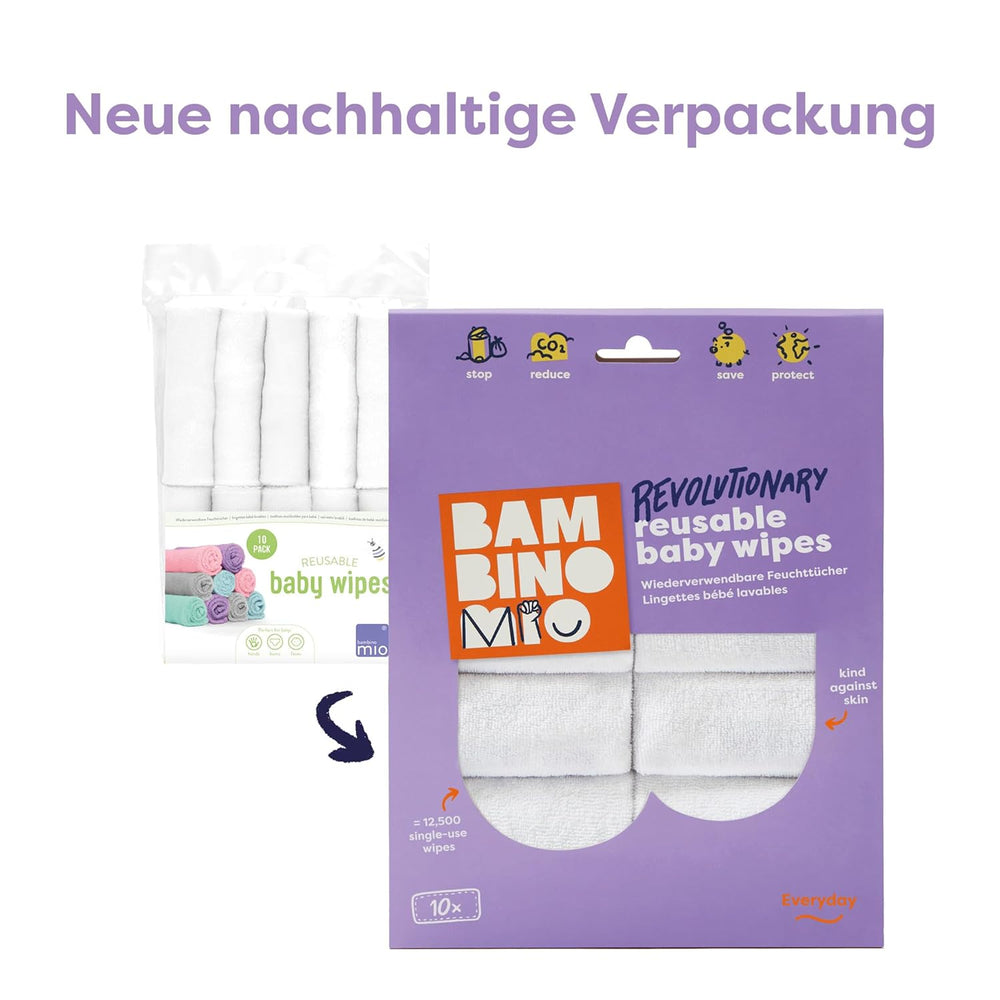 Bambino Mio wiederverwendbare Babytücher – Basic – umweltfreundlich, frei von Chemikalien, doppelseitig, waschbar, 10er-Pack, Wolke – Verpackung kann variieren