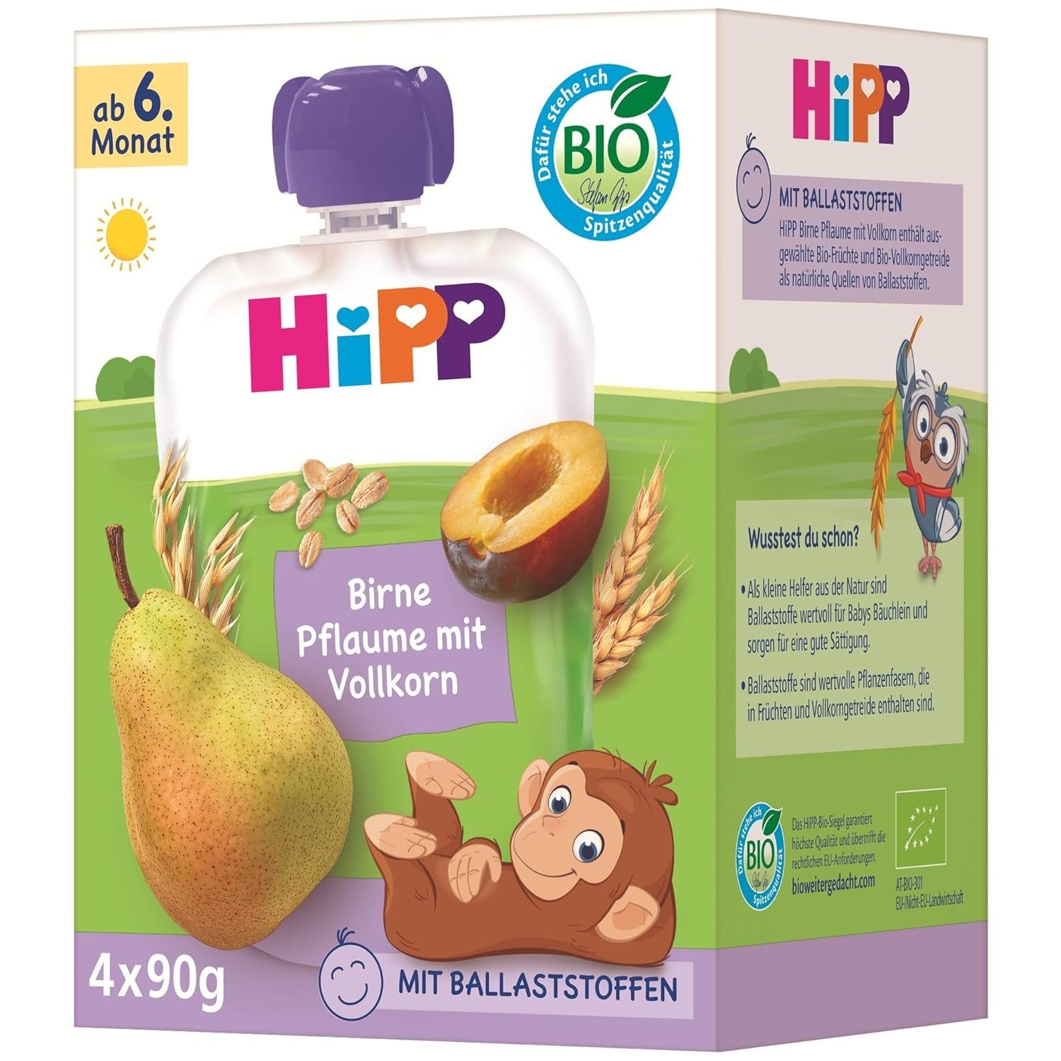 HiPP Bio-Birnen- und Pflaumensäckchen, Vollkorn, 16 Stück (4 Packungen à 4 x 90 g), für Babys ab 6 Monaten, ohne Zuckerzusatz, vegan, beste Bio-Qualität