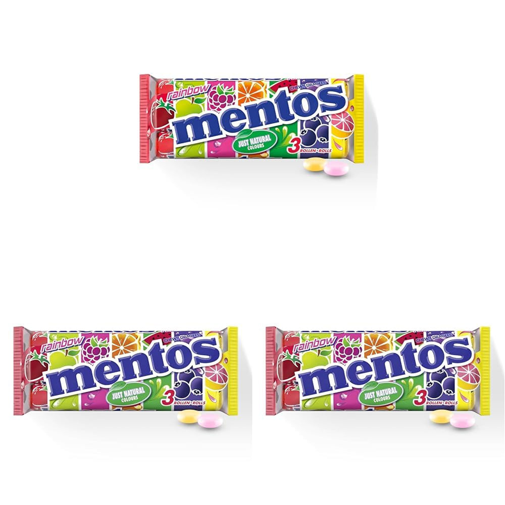 Mentos Fruchtdragees Orange Zitrone Erdbeere Kaubonbons mit Fruchtgeschmack (3 Rollen), vegan (3er Pack)