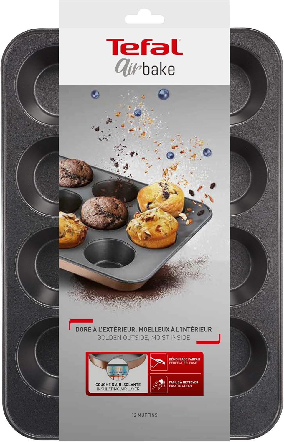 Tefal Airbake J2555014 Muffinform, Antihaftbeschichtung, Karbonstahl, Braun, 29 x 41 cm Formen und Bleche zum Backen Naty Shop