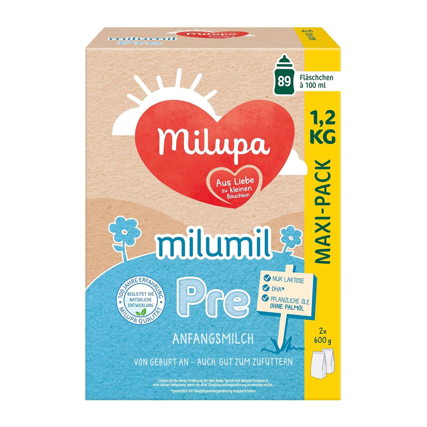 Milupa Milumil Pre, Milchpulver für Babys – Mit wichtigen Nährstoffen und ohne Palmöl – 800 g Naty Shop 1,2 Kg Milumil Pre