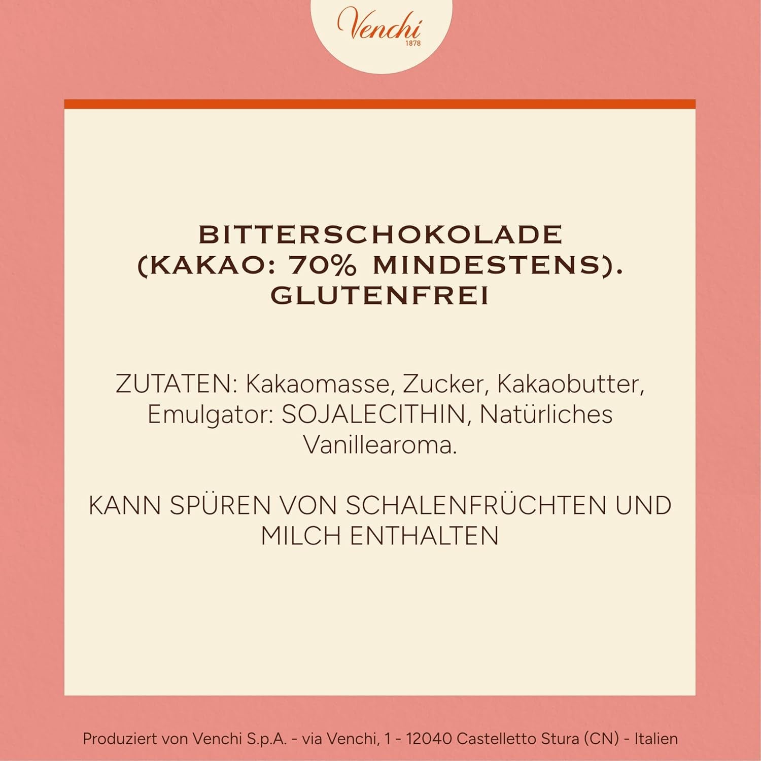 Venchi – Zartbitterschokolade 70 %, 78 g – Mit ausgewählten Kakaomischungen – Glutenfrei – Vegan