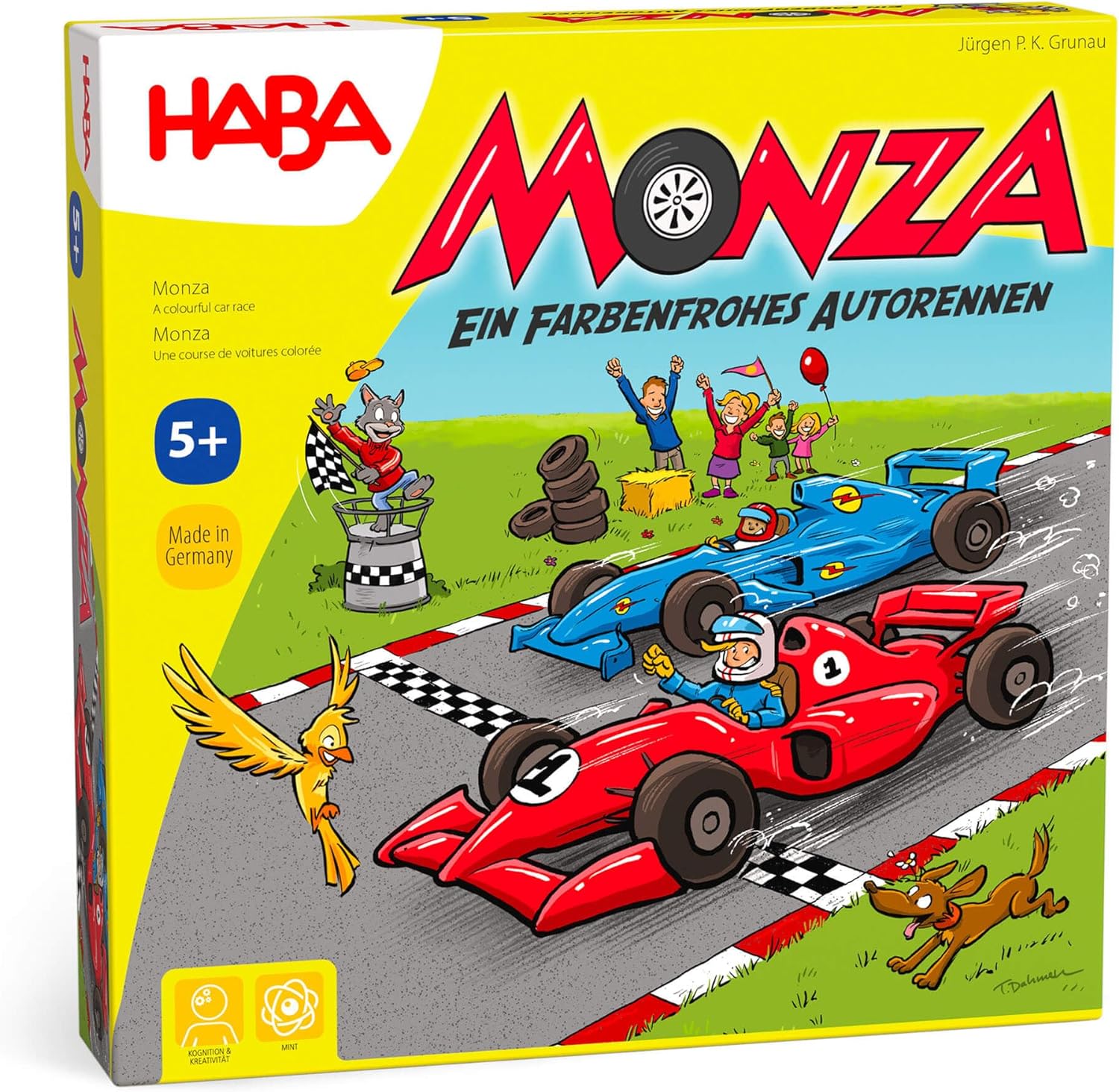 HABA Monza – Schnelles Brettspiel und Autorennspiel für Kinder ab 5 Jahren – mit 6 bunten Holzautos und bunten Würfeln – 2012226001