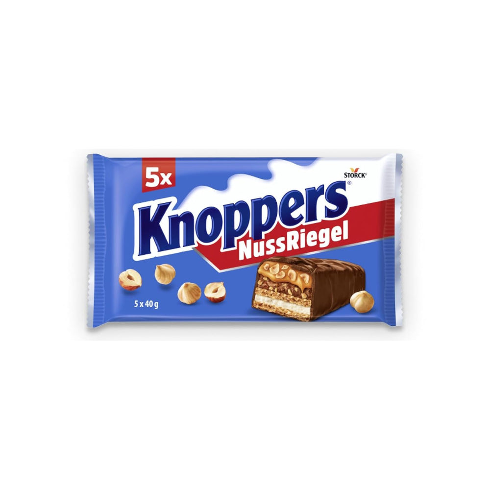 Knoppers Erdnussriegel – 1 x 200 g (5 Riegel) – Milchschokoladenriegel mit Erdnusscreme, gehackten gesalzenen Erdnüssen, Karamell und Milchschokolade