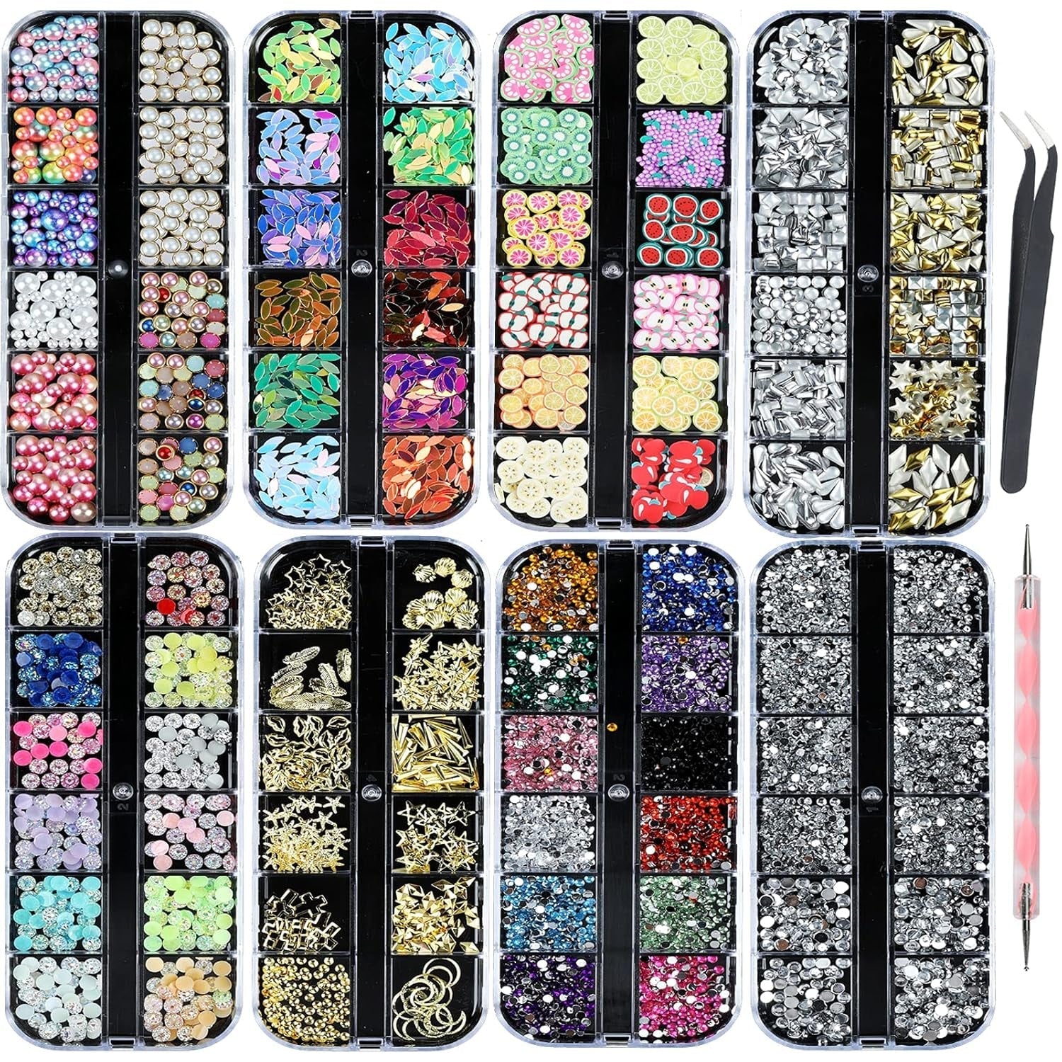 8 Boxen Nail Art Strass Kit - Nail Art Gemischt Strass Set, Nagel Kunst Strasssteine Gems Perlen Edelsteine Bunt Pferdeaugen Strass Für Nageldesign Zubehör Mit 1 Pinzetten Und 1 Strass Picker Für DIY