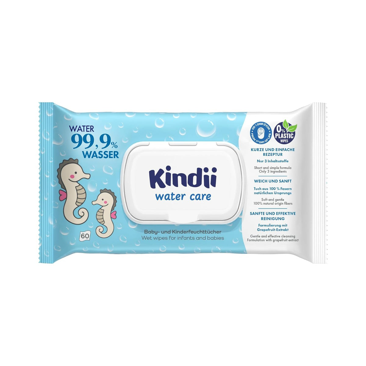 Kindii Water Care Feuchttücher – Aqua Baby Wipes – 100 % Viskose, 99,9 % Wasser, Grapefruit-Extrakt, Schalgröße 150 x 200, 100 % biologisch abbaubar, plastikfrei, Reinigungstücher für empfindliche Haut