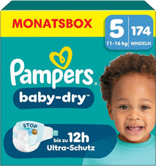 Pampers Baby-Dry Windeln, Größe 5, 174 Windeln, 11 kg – 16 kg, bis zu 100 % Auslaufschutz und Komfort die ganze Nacht