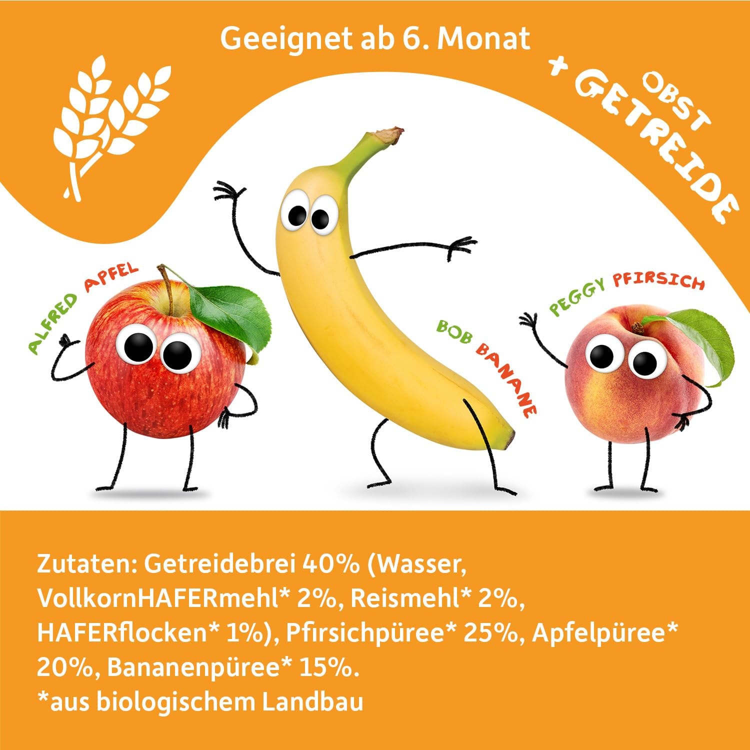 FRECHE FREUNDE Pfirsich-Apfel-Bananen-Hafer Bio-Fruchtpüree mit Müsli im Quetschbeutel für Babys ab 6 Monaten, vegan, 6er-Pack (6 x 100 g)