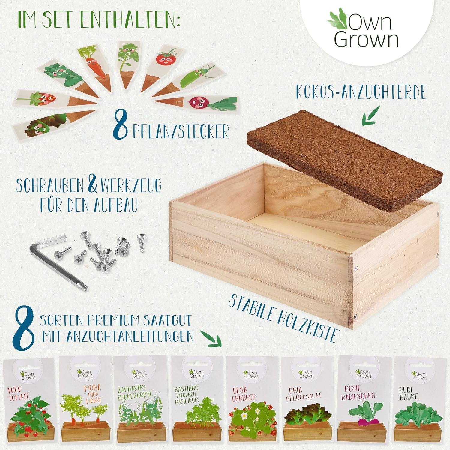 Samen-Anbauset mit Holzkiste und 8 Sorten Pflanzensamen: Gemüse-, Erdbeer- und Kräutersamen-Anbauset für Kinder – Mini-Gewächshaus und Mini-Garten-Starter-Set von OwnGrown
