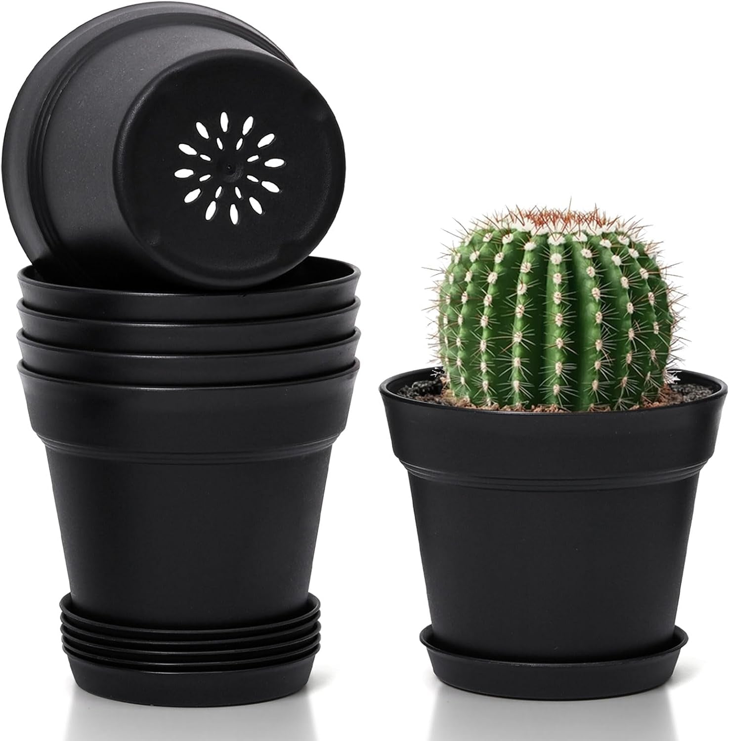 T4U Ghiveci de flori din plastic de 16 cm cu farfurie, set de 6 ghivece din plastic pentru plante aromatice cu găuri multiple de drenaj, ghiveci rotund pentru plante suculente de interior și balcon, cactuși, alb