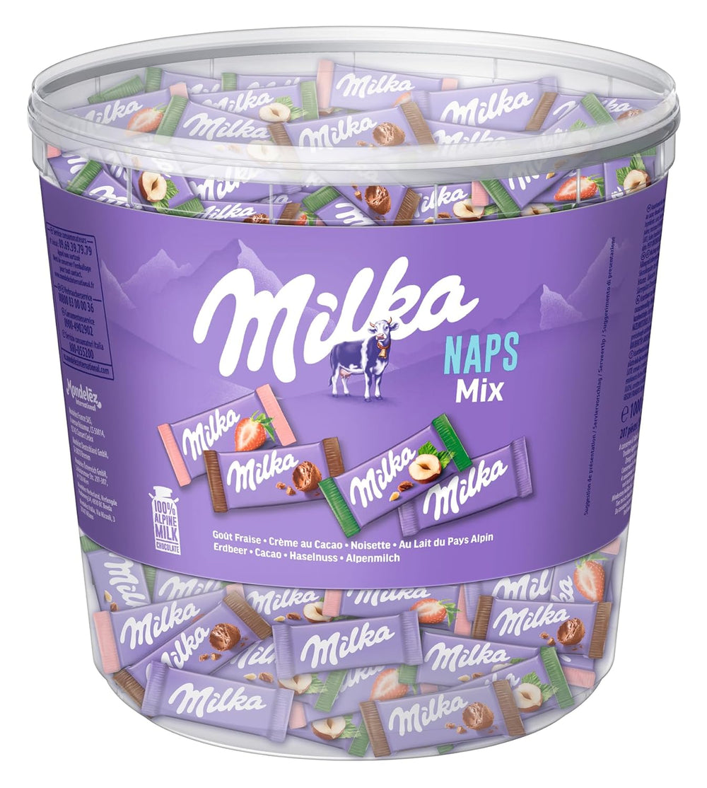 Milka Naps Mix – Mini-Schokoladenquadrate in 4 Sortimenten: Alpenmilch, Erdbeeren, Haselnüsse, Kakaocreme – 1 x 1 kg
