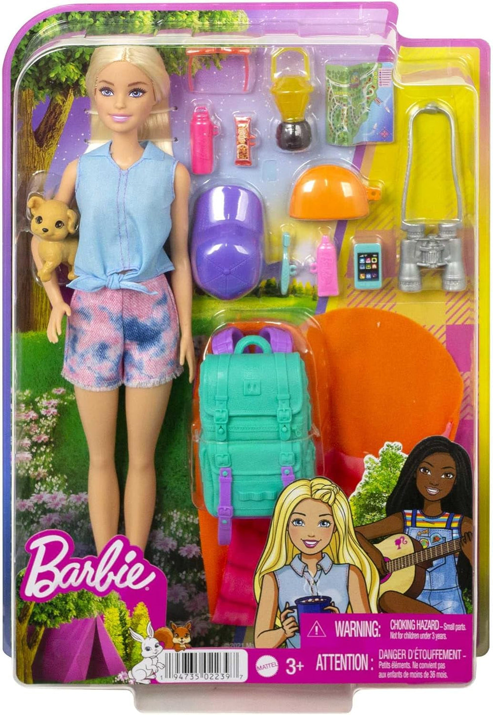 Barbie Camping Series, păpușă 1X cu păr blond, rucsac de drumeție, echipament de exterior, binoclu, hartă, cățel, accesorii, cadou pentru copii, jucărie de la 3 ani,Hdf73 Papusi Naty Shop