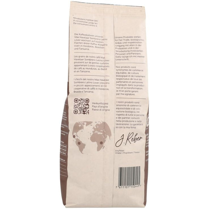 Sombrero Latino Lover 500g boabe întregi, prăjire intensă, 50% Arabica/50% Robusta, aromă fructată-nucioasă-picantă, Fairtrade