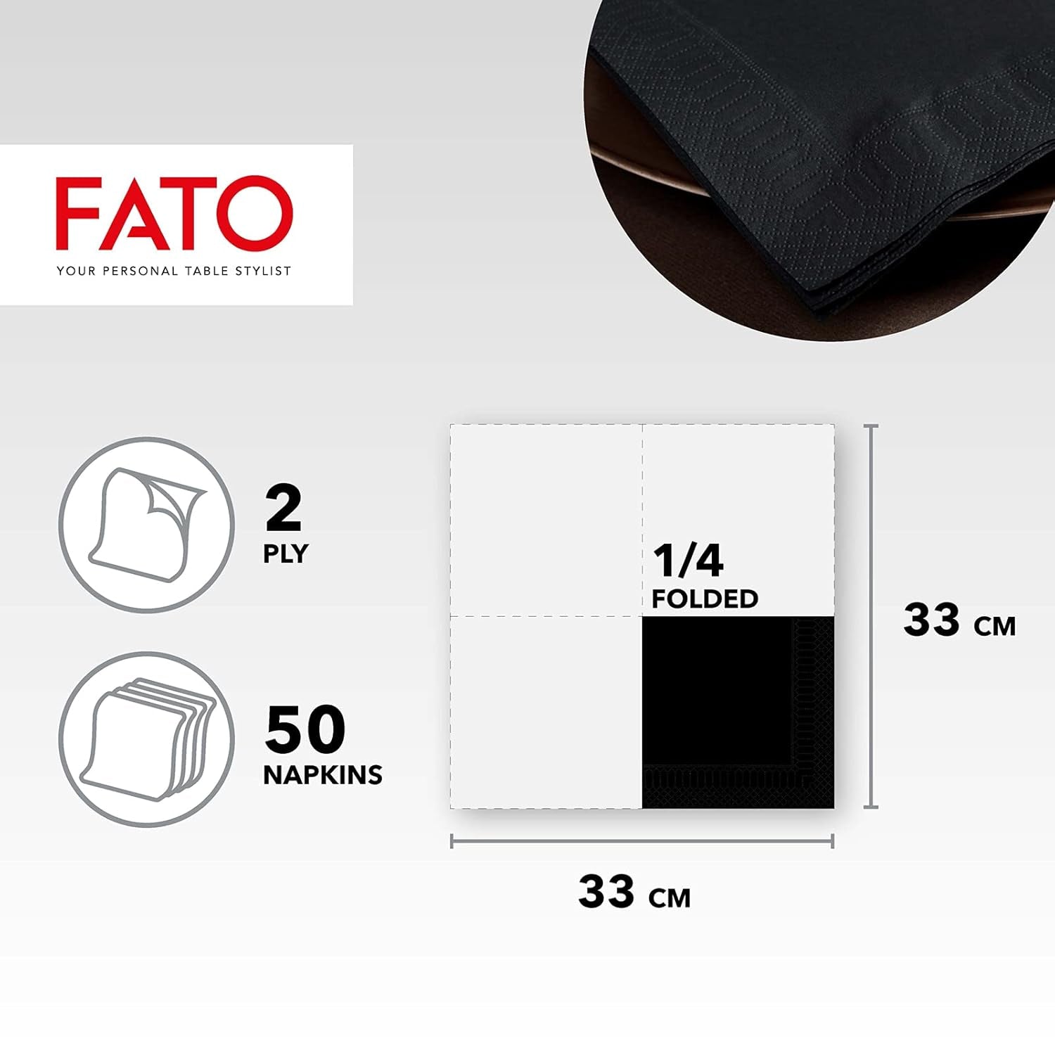, Șervețele de hârtie de unică folosință, ideale pentru prânzuri informale și bufete, pachet de 50 de șervețele, dimensiune 33X33, 4 pliuri, 2 straturi, culoare neagră, certificate Fsc (pachet de 2)