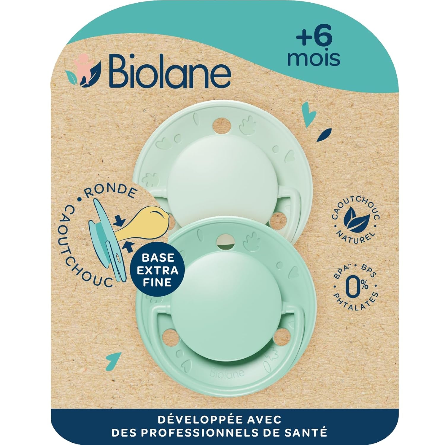BIOLANE - Tetină rotundă - Suzetă extra subțire - 6+ luni - Verde bicolor - Tetină din cauciuc natural - Pentru dezvoltare orală - Moale și confortabilă