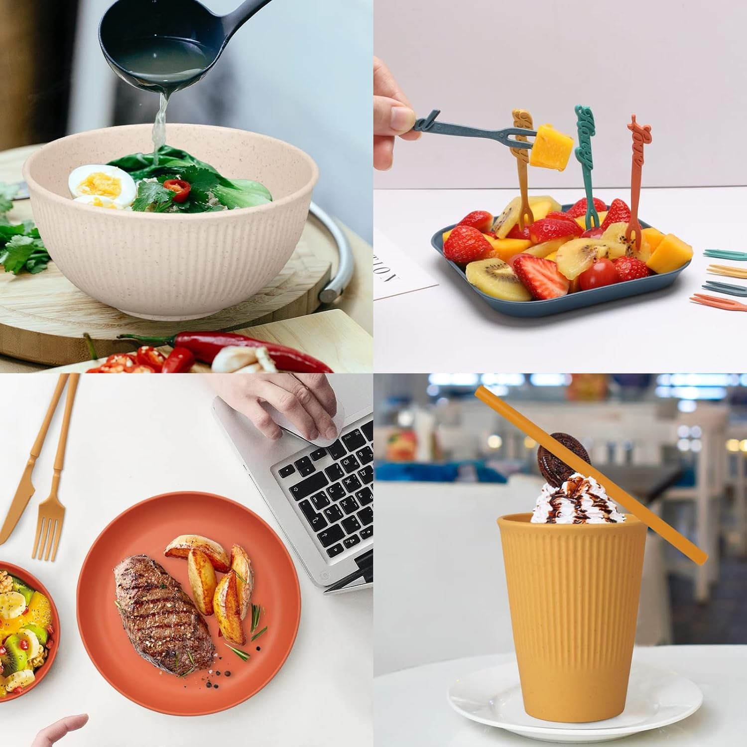 Set de tacâmuri indestructibil pentru 6 persoane, set de tacâmuri pentru camping cu 66 de piese, seturi de tacâmuri din plastic pentru picnic, ușoare, colorate, grătar, farfurii de servire din plastic, boluri, set de tacâmuri