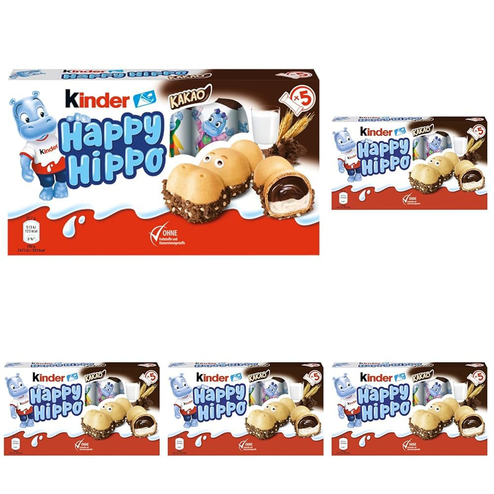 Kinder Happy Hippo Haselnuss – Knusprige Spezialwaffeln mit Milch und Haselnusscreme – Karnevals- und Faschingssüßigkeiten – 1 Packung mit 5 einzelnen Riegeln à 20,7 g