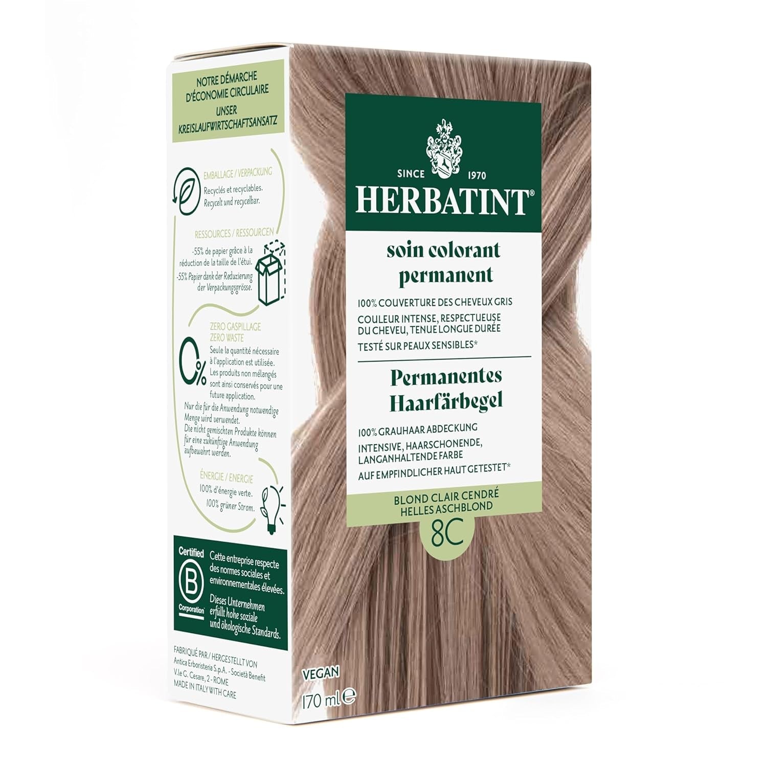Gel pentru vopsirea permanentă a părului 6N blond închis - 170 ml I Fără amoniac, acoperire 100% a părului gri I Testat pe piele sensibilă, cu 8 extracte de plante Vopsea pentru par Naty Shop 8C Blond cenușiu deschis