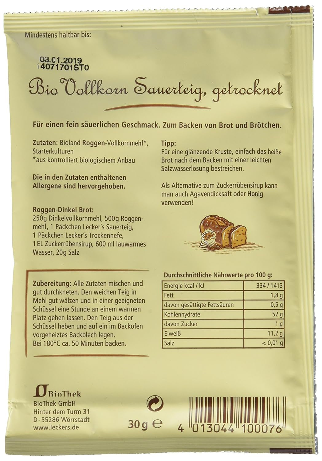 Lecker'S Bio Vollkorn Sauerteig (10 X 30 G) Mischung zum Backen und Kochen Naty Shop