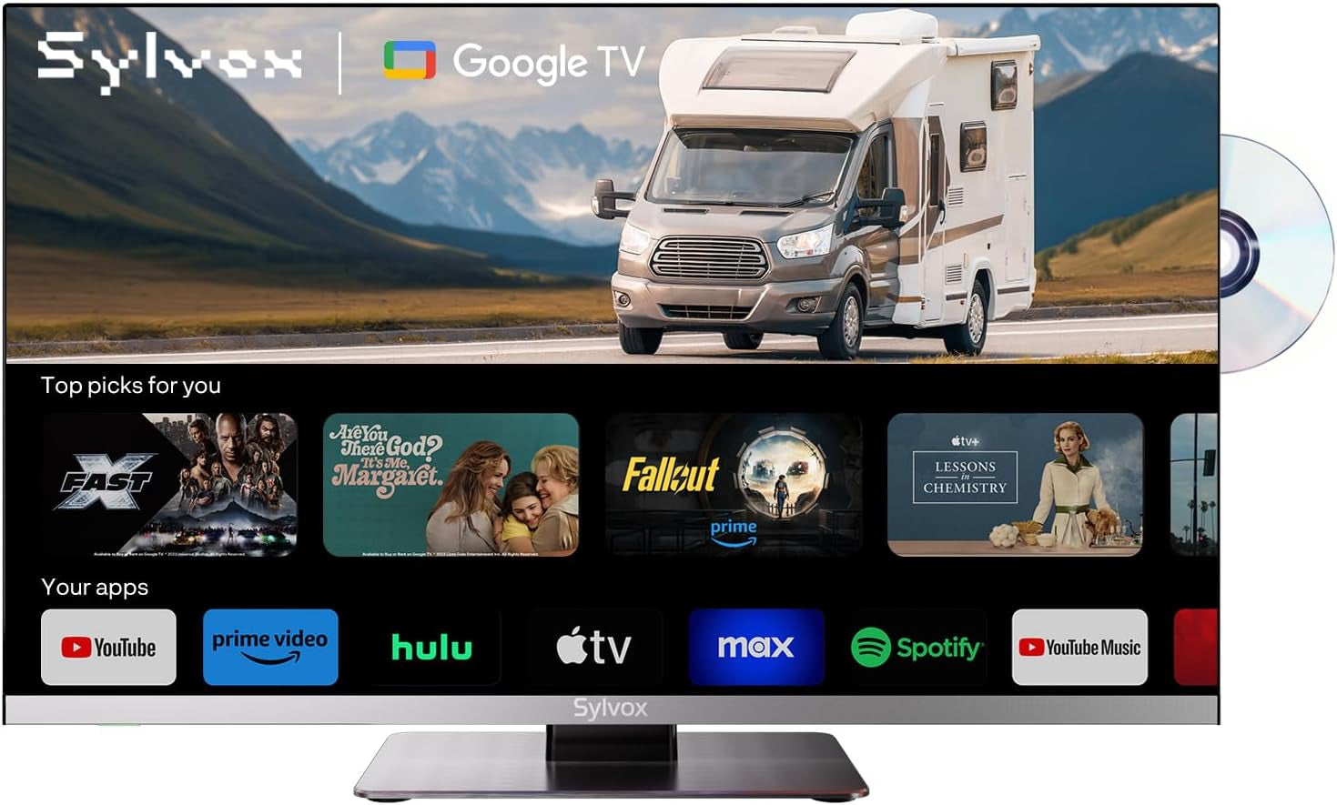 Televizor SYLVOX de 12 volți, televizor de camping de 22 de inci, televizor inteligent Android 1080P cu player DVD integrat, tuner triplu WiFi Bluetooth alimentat DC/AC fără ramă pentru autorulote, camioane, caravane, autoutilitare și bărci