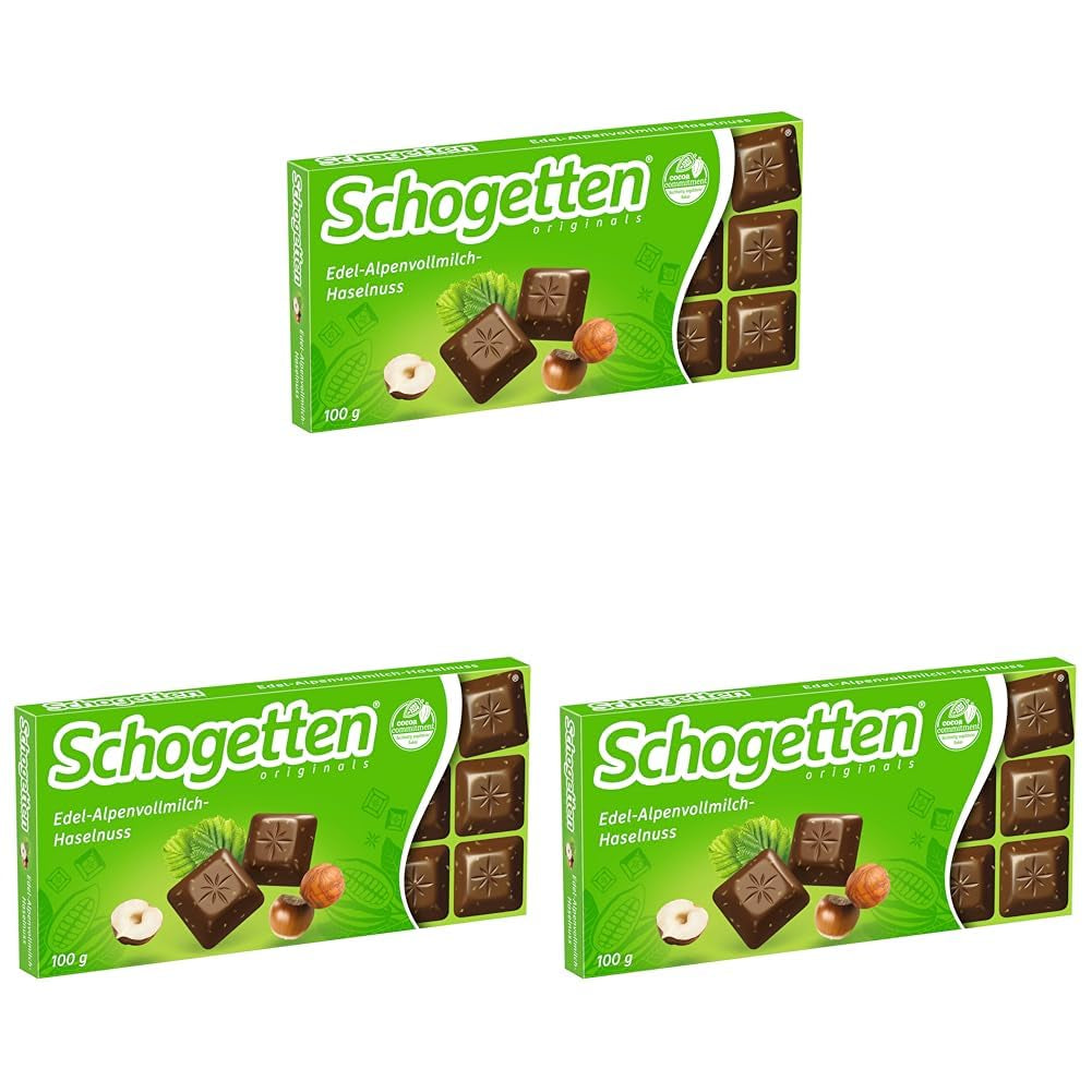 Schogetten Premium Alpenmilch Schokolade mit Haselnüssen, 100g Tafelschokolade, einzeln portioniert. Eine Freude. Stück für Stück.
