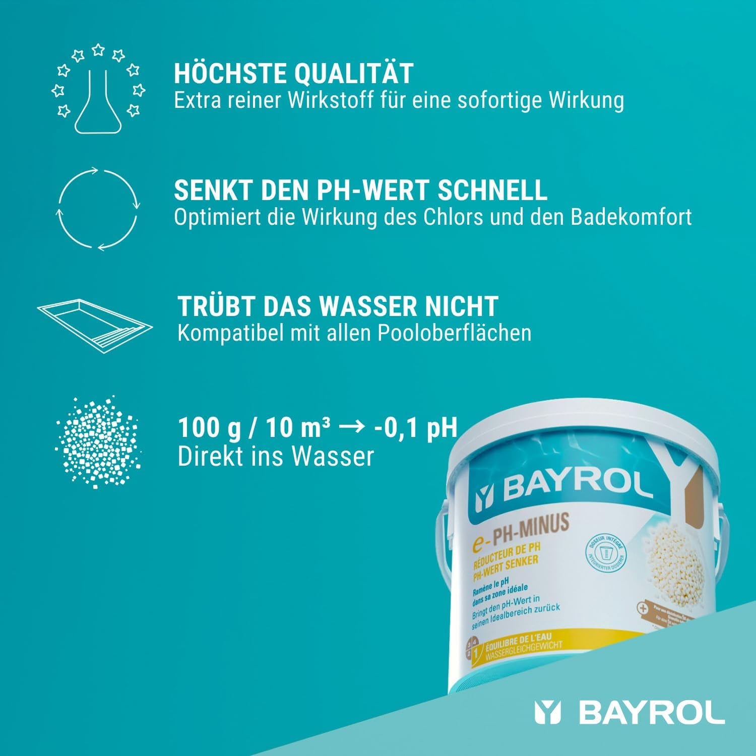 BAYROL e-pH-Minus Granulat 6 kg – reduziert schnell und effektiv zu hohe pH-Werte in Pools – einfache Dosierung direkt ins Wasser – inklusive Dosierbecher – pH-Senker – pH-Einstellung für Pools