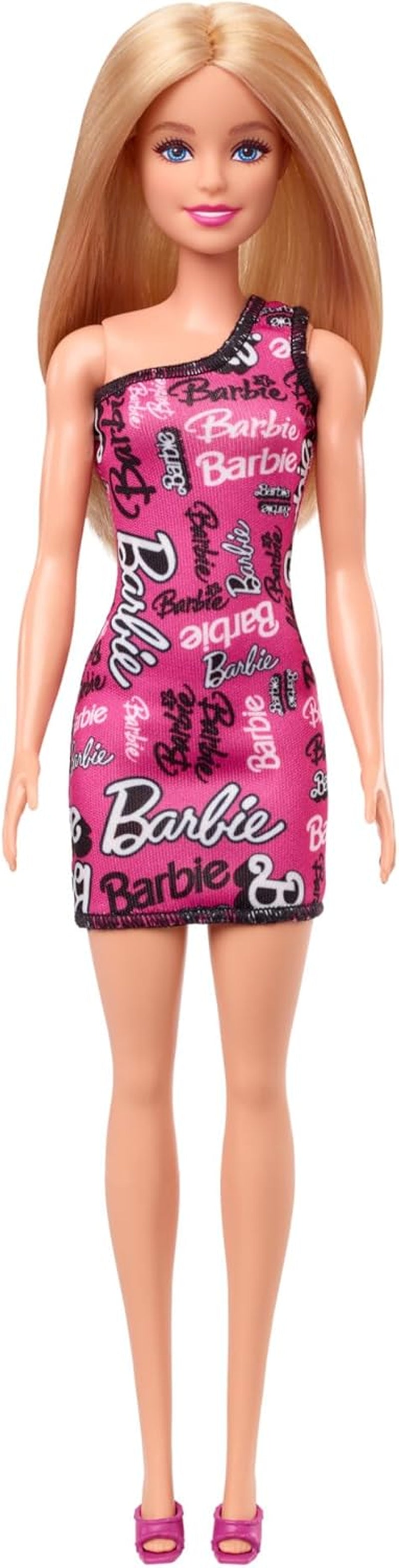 Barbie-Modepuppe mit glatten, blonden Haaren in einem ausziehbaren pinken One-Shoulder-Kleid und Schuhen mit Logo-Aufdruck, HRH07