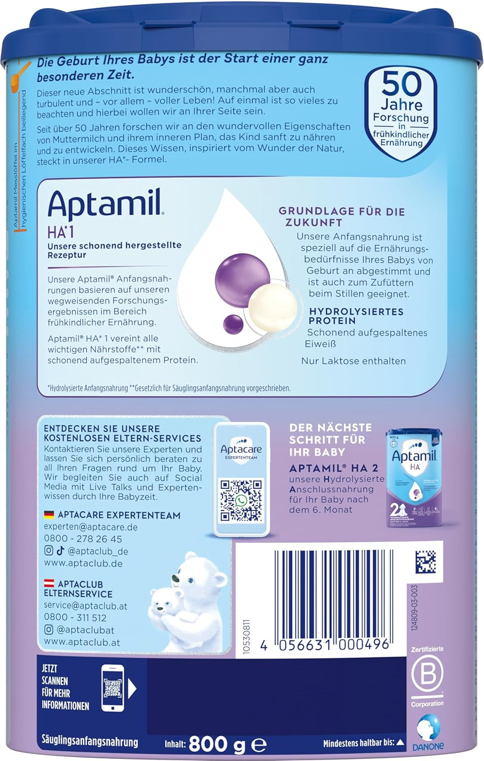 Aptamil HA 1 - Säuglingsnahrung ab der Geburt, mit DHA, laktosefrei, palmölfrei, Babynahrung, Milchpulver, 1 x 800 g