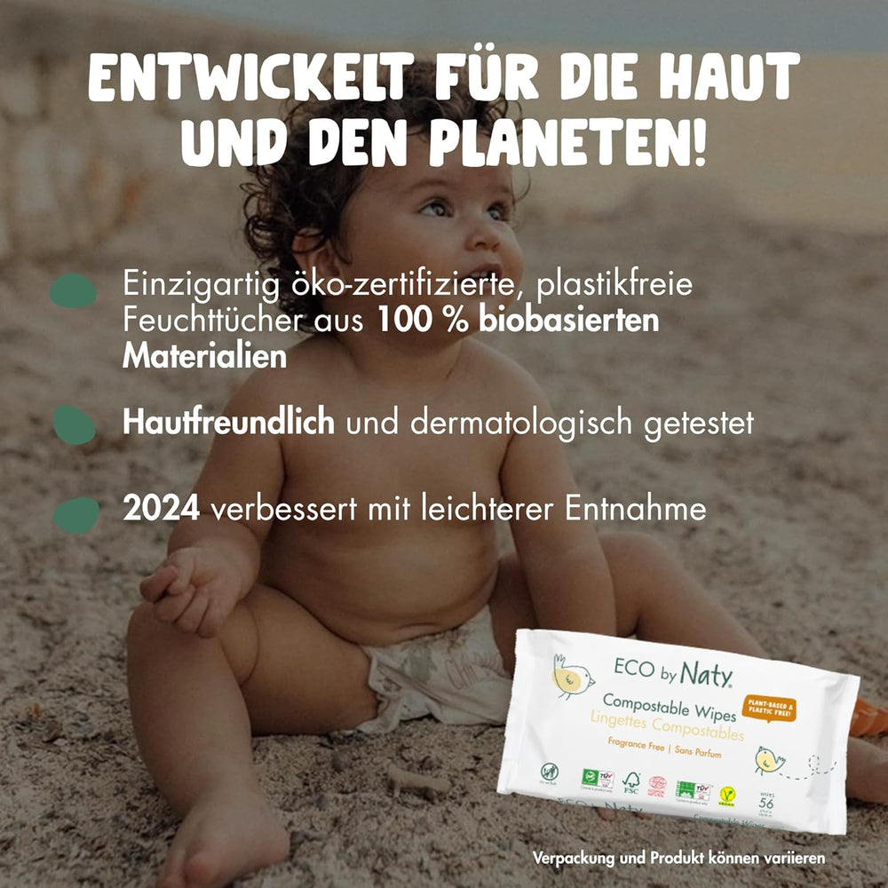 Naty Babytücher | 100 % frei von Kräutern und Duftstoffen für empfindliche Haut | Plastikfreie und zertifiziert kompostierbare Tücher mit 98 % gereinigtem Wasser | 672 Tücher (12 Packungen)