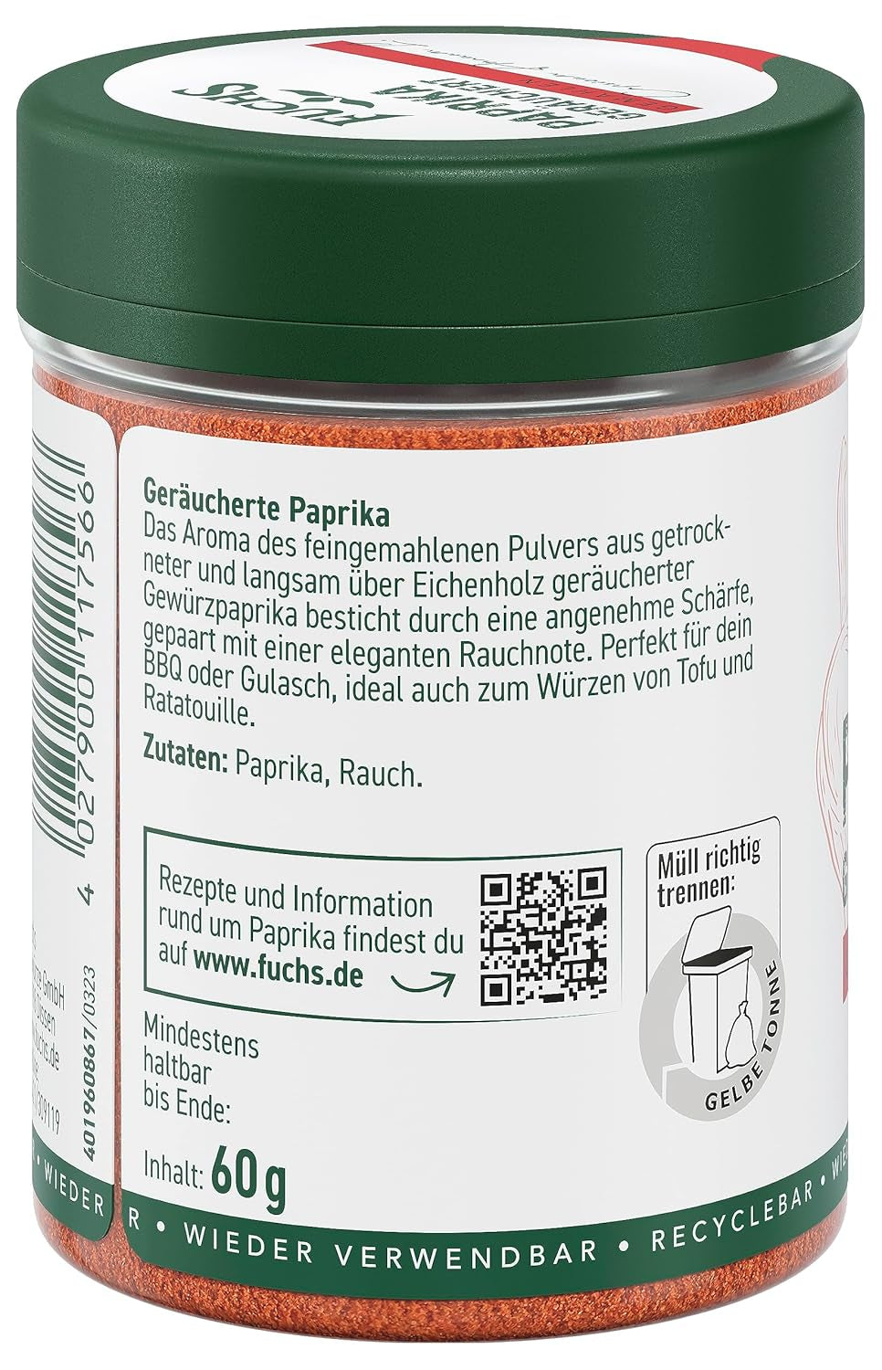 Fuchs Gewürze - Paprika geräuchert gemahlen - rauchiger Geschmack für BBQ, Gulasch oder Tofu - natürliche Zutaten - 60 g in wiederverwendbarer, recyclebarer Dose