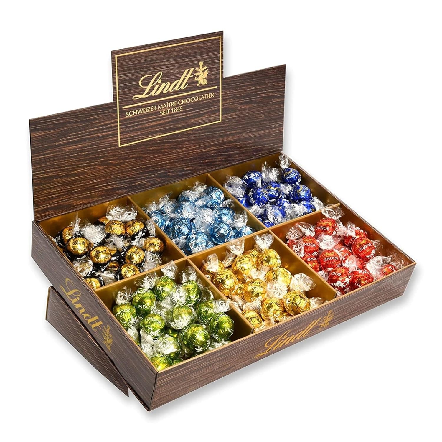 Lindt Schokolade LINDOR, Thekendisplay | 1718 g | Ca. 138 Trüffel in den Sorten Milch, Schwarz 70 %, Halbbraun, Stracciatella, Weiß, Pistazie | Schokoladen-Geschenkset | Geschenkschokolade | Großpackung