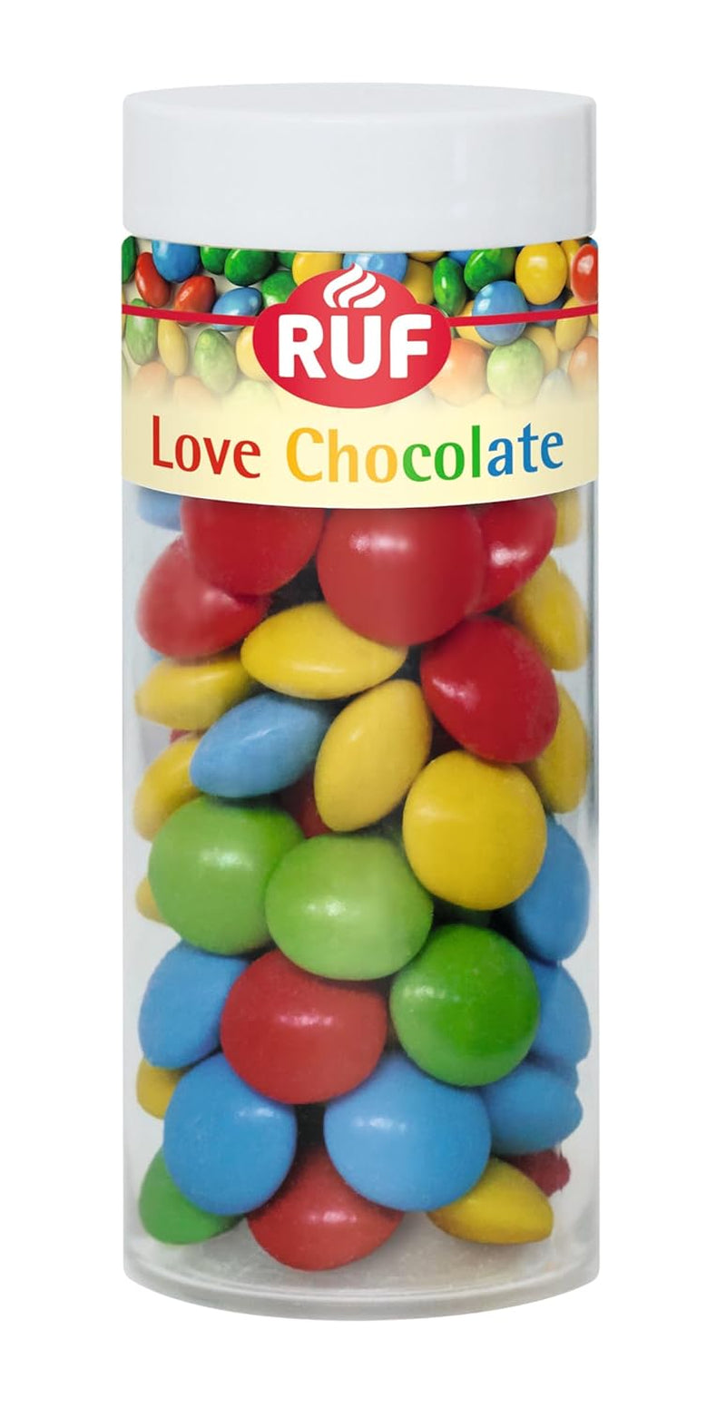 RUF Love Chocolate Schoko-Linsen-Dekorationen, hergestellt aus feiner Vollmilchschokolade mit einer knusprigen und bunten Zuckerglasur, 75 g pro Packung